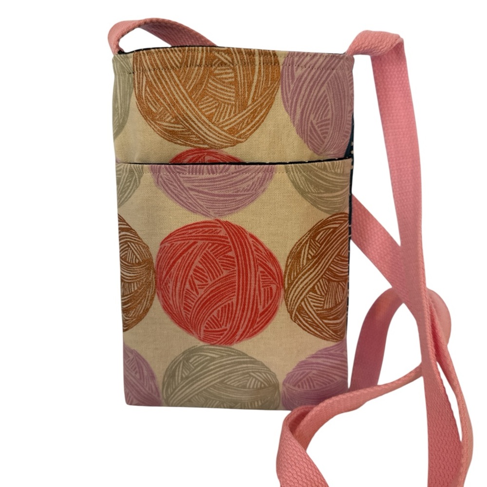 Crossbody Phone Bag with Pink Strap and Multicolor Yarn Ball Print